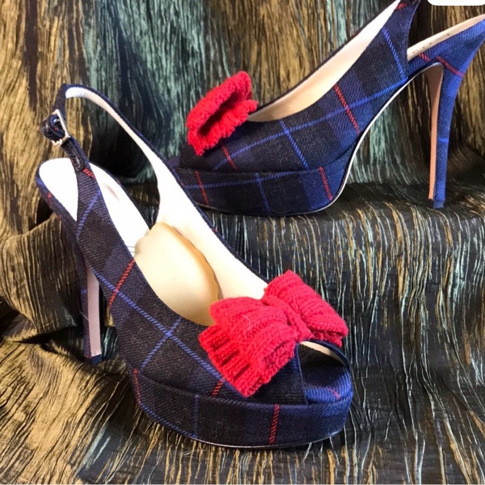 Fantastic Navy/Red Plaid Slingback Pumps Sz 8 M